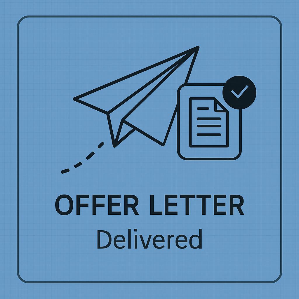 Paper plane with an offer letter, a checkmark, and the text "Offer Letter delivered".