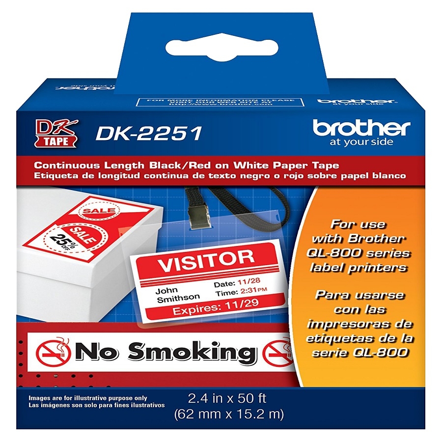 Etiqueta Continuo Brother Dk2251 Blanca - Impresion Negro Y Rojo 62 Mm X 15.2 Mts Compatible Con Ql´S