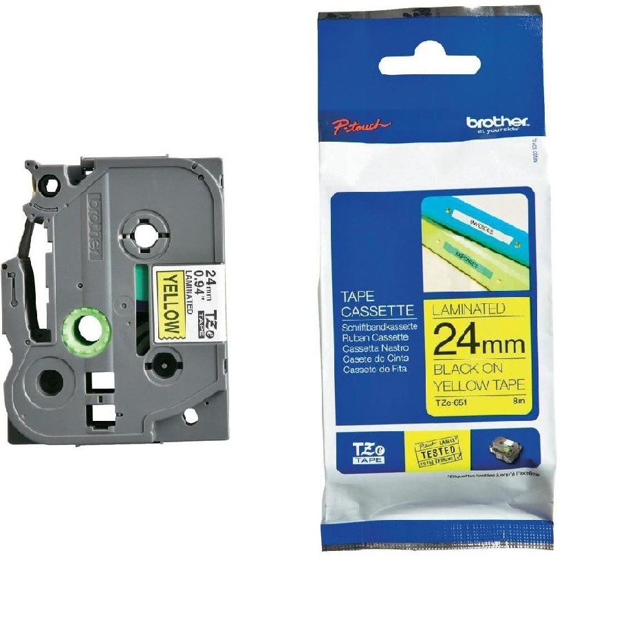 Cinta Brother Laminada Negro Tze651 Sobre Amarillo De 24Mm De Grosor