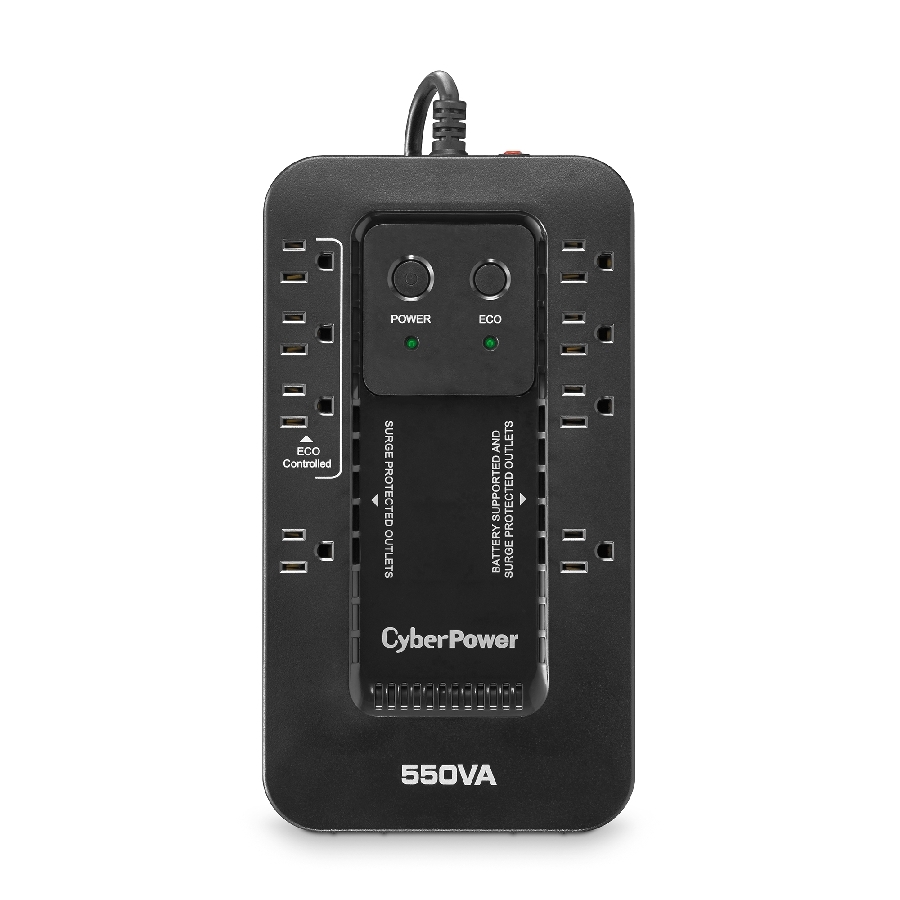 No Break Cyberpower (Ec550G) 550Va / 330W, Standby, Gabinete Compacto, 8 × Nema 5-15R (1 Supresión Solamente, 3 Supresión Con Modo Eco, 4 Supresión Con Batería De Respaldo),  Garantía 3 Años.