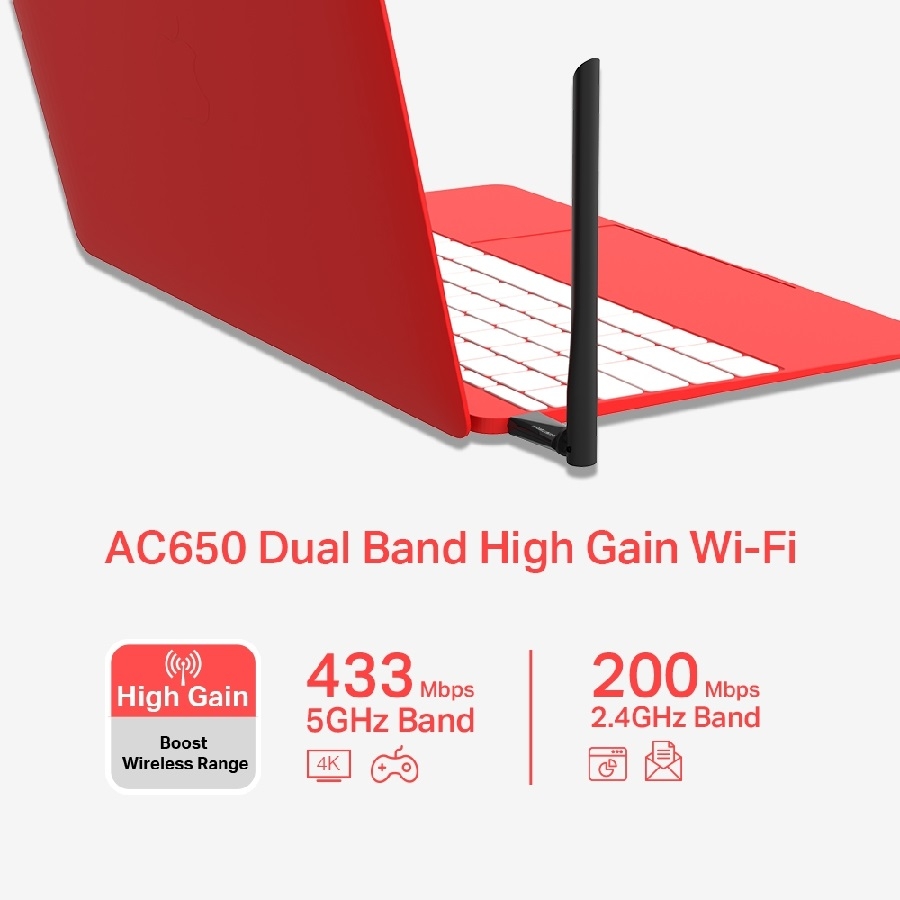 Tarjeta De Red Usb | Mercusys | Mu6H | Banda Dual Ac650 |5Ghz 433Mbps 2.4Ghz 200Mbps | 1 Antena Externa De Alta Ganancia