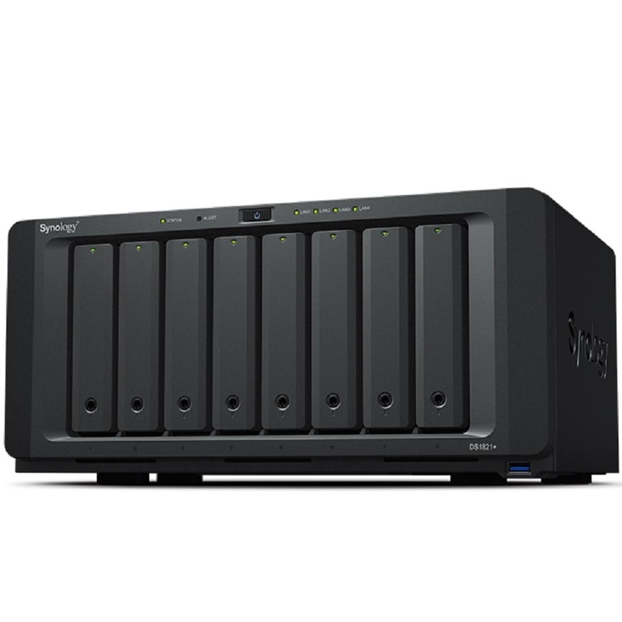 Nas Synology Ds1821+/ 8 Bahias Ampliables Hasta 18/Nucleo Cuadruple 2.2Ghz/4Gb Ddr4 Ampliable A 32Gb/Lan Gigabit X4/Usb 3.2 X4 /Hot-Swap/Soporta M.2 2280 Nvme/ No Incluye Discos