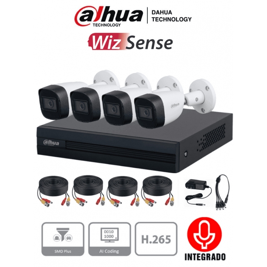 Kit 4 Canales Dahua 2 Megapixeles Audio/ Dvr Cooper-I Wizsense/ Con Ia/ H.265+/ 4 Camaras Metalicas Microfono Integ/ 4 Ch+ 1 Ip O Hasta 5 Ch Ip/ 4 Ch Smd Plus/ Busqueda Inteligente/ Accesorios Inclui