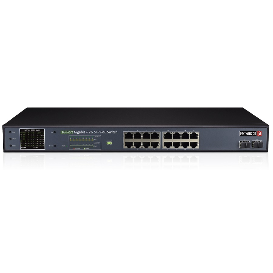 Switch Poe / Provision Isr / Poes-16250Gcl+2Sfp /16 Puertos 10/100/1000 Mbps / 2 Sfp Uplink Ports / All Ports Act As Both Downlink/Uplink / 250 Vatios (Promedio: 15,6 W Max .: 30 W Por Canal)