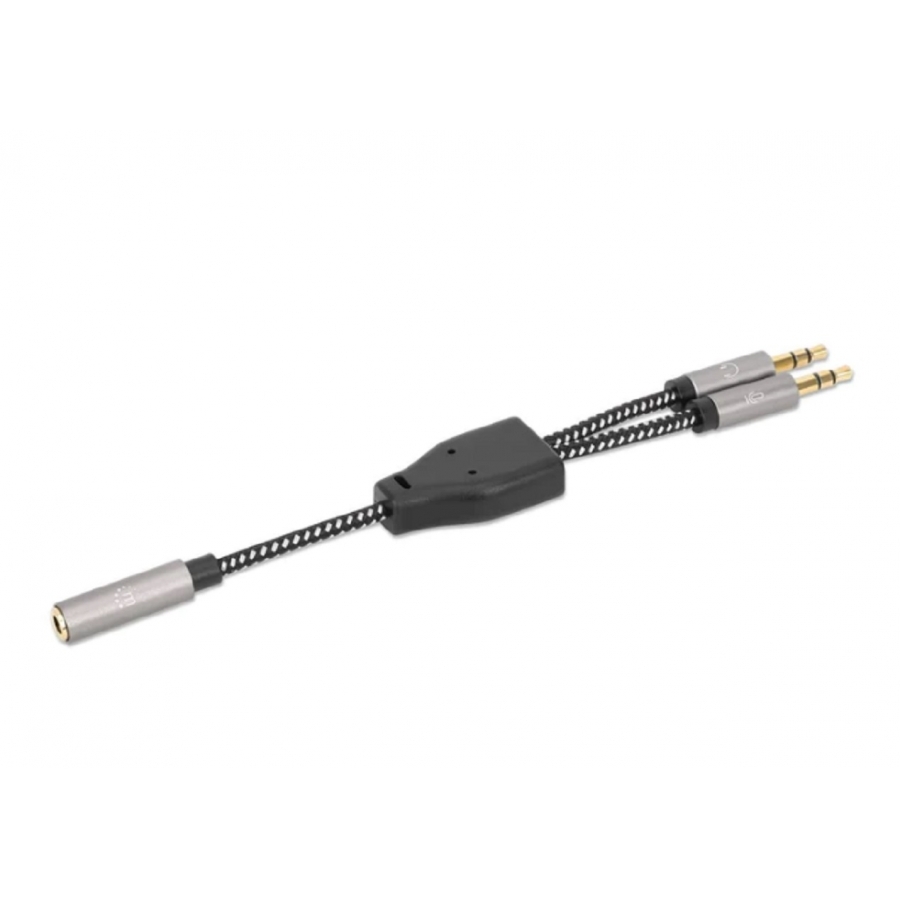 Adaptador,Manhattan.356121, Audio 3.5Mm 1 H A 2 M, 15Cm, Cable Que Divide Audio Para Audifono Y Mic, Aluminio Plateado