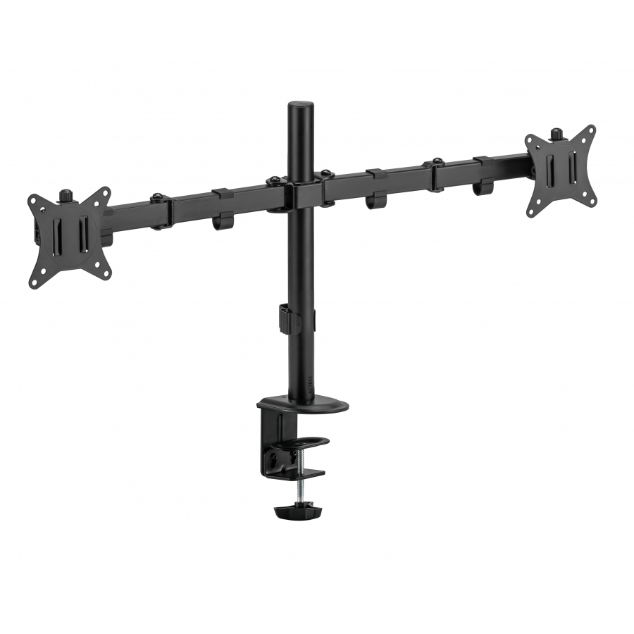 Soporte Doble Para Monitor Acteck Enforce Zone Sm490 / Soporte Vesa  / Fijacion Por Prensa Mecanica / Max 9 Kg Por Brazo / Atornillado / Rotacion 180° / Inclinacion 45° / Negro / Ac-934602