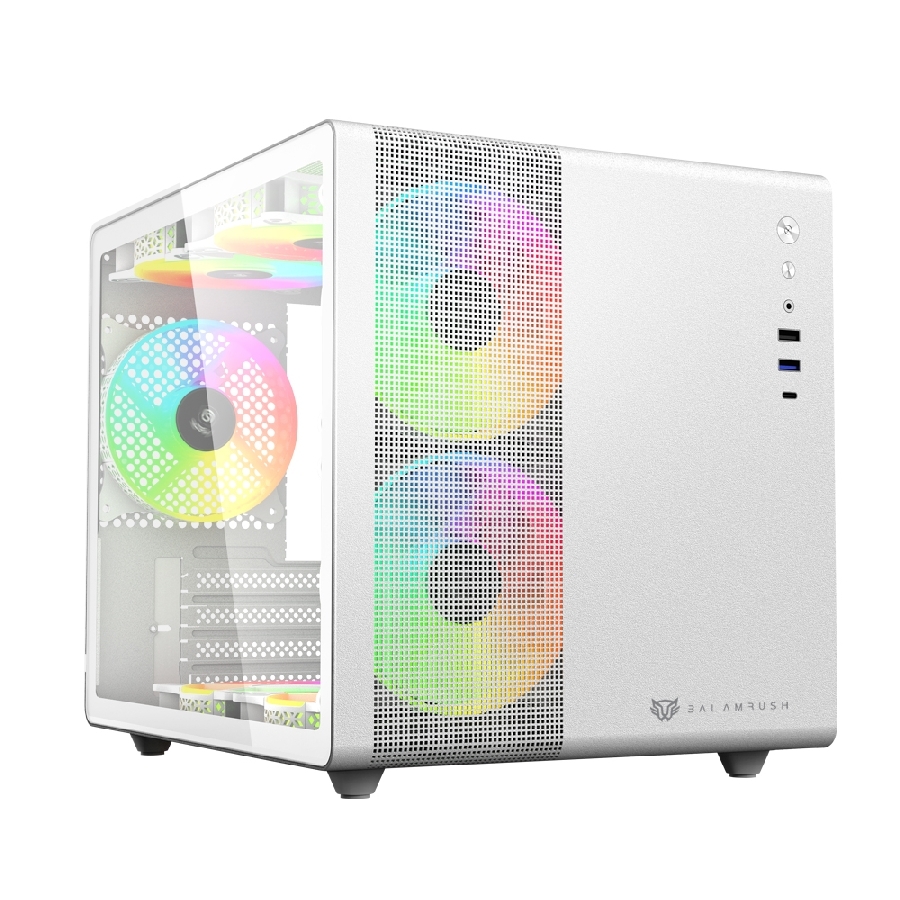 Gabinete Gamer Balam Rush Tank Mini Gi930 / Mini Atx / Mini Atx - Mini Itx / Panel Cristal Templado / Bahia 3X Ssd - 2X Hdd / Ventilador Rgb / Malla Metalica / Metal / Blanco / Br-936040