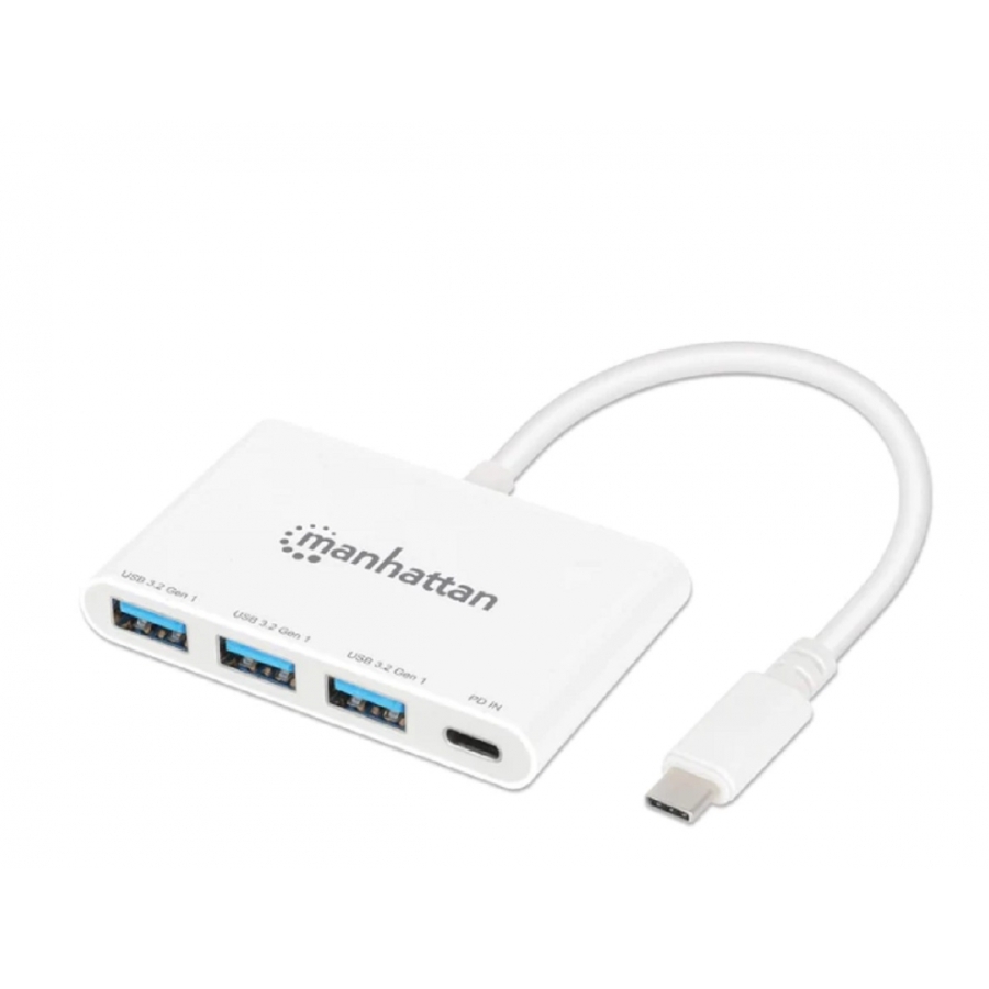Hub Usb-C,Manhattan,168434, 3 Ptos A + 1 Pto C Pd, 5Gbps, Blanco