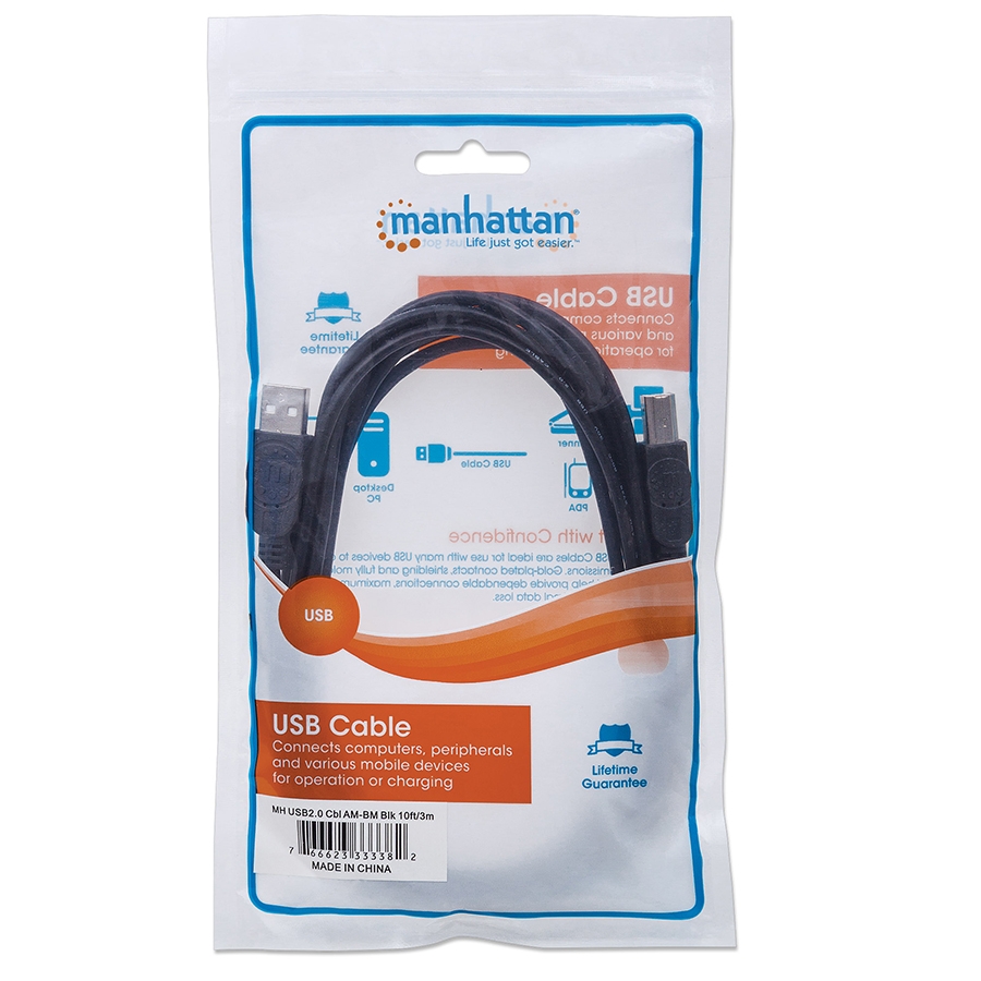 Cable Usb,Manhattan,33382, V2.0 A-B  3.0M, Negro