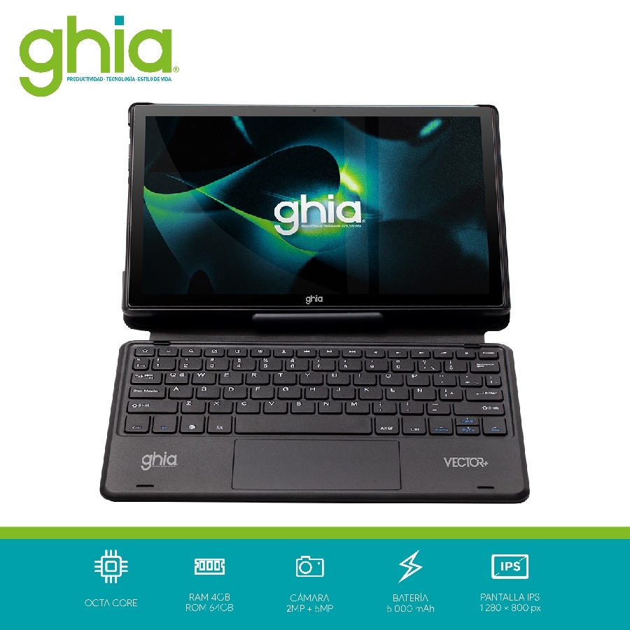 Tablet Ghia Vector Plus C/Teclado /A523 Octacore/4Gb Ram/64Gb /2Cam/Wifi/Bluetooth/5000Mah/Android 13 Negra
