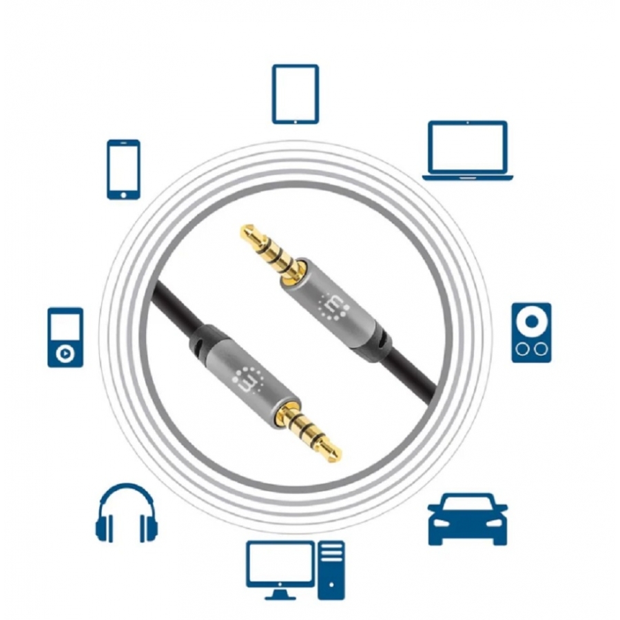 Cable Audio Estereo , Manhattan, 356015, 5.0Mm M-M 5.0M Negro/Aluminio Plateado
