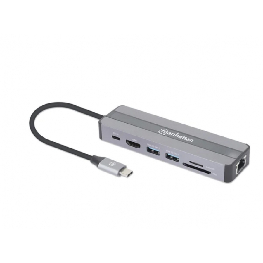 Docking Usb, Manhattan, 153928, -C  7 Ptos, Hdmi, Red, Usb-C Pd/2Xusbv3.2, Sd/Micro Sd