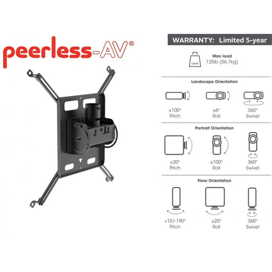Soporte Universal Para Vídeoproyector Vertical Peerless Pjr125-Por De Alta Resistencia Con Capacidad Hasta 56.7 Kg