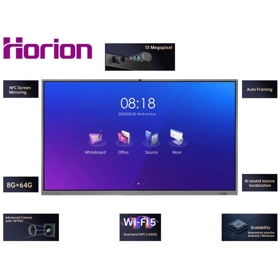 Monitor Interactivo Horion 86M5Apro 86 Nfc, Screencasting, Bluetooth 5.0, Cmara 13 Mp, 20 Puntos Tctiles, 10W/2, 350 Cd/M2, Contraste 12001, Hdmi, Dp, Vga
