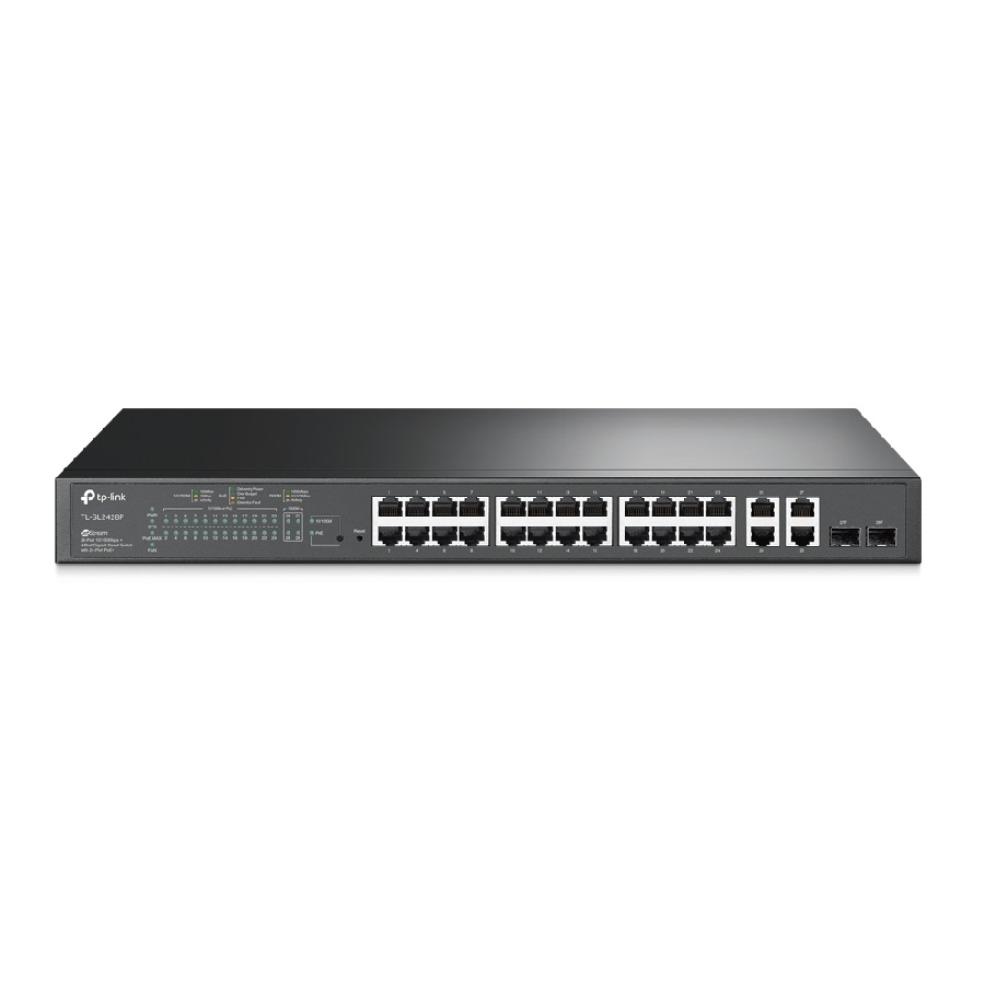 Switch Tp-Link Tl-Sl2428P 24 Puertos Rj45 10/100 Mbps Poe Con 2 Puertos Rj45 Gigabit Y 2 Ranuras Sfp Gigabit Combo No Administrable Para Rack 19 Pulgadas