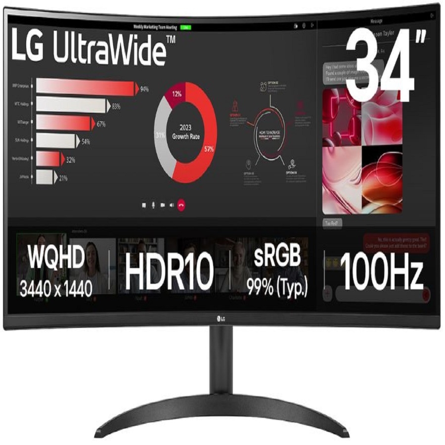 Monitor Pc Lg Curvo Ultrawide Qhd 34Wr50Qk,34 Pulg,Resol. 3440X1440,1800R,Panel Va,Rel. 21:9,Brillo 300 Cd/M2,Contr. 3000:1,Tr 5Ms,100 Hz,Hdr10,Hdmi,Display Port,Montable Pared 100X100,Negro.