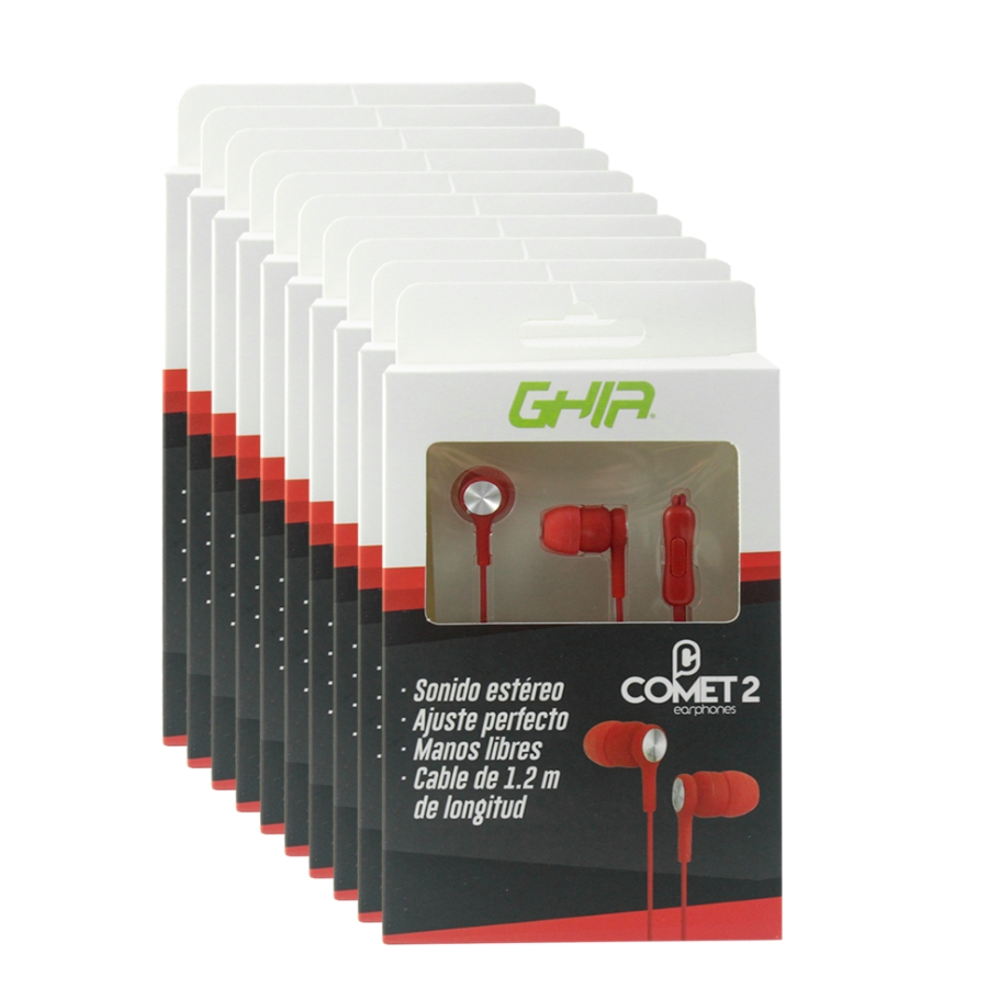 Kit 10 Piezas Audifonos Alambricos Ghia Comet2 Con Manos Libres / Color Rojo