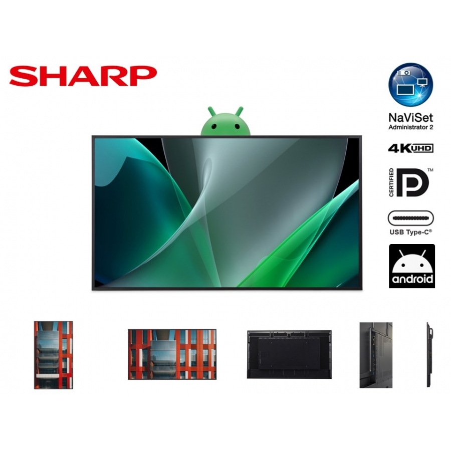 Monitor Profesional Sharp De 50 Pn-Me502 Uhd 3840 X 2160 18/7, 450 Cd/M2 Cont 5000:1 Usb-C Hdcp 3 Hdmi Android 13 Con 3Años De Garantia