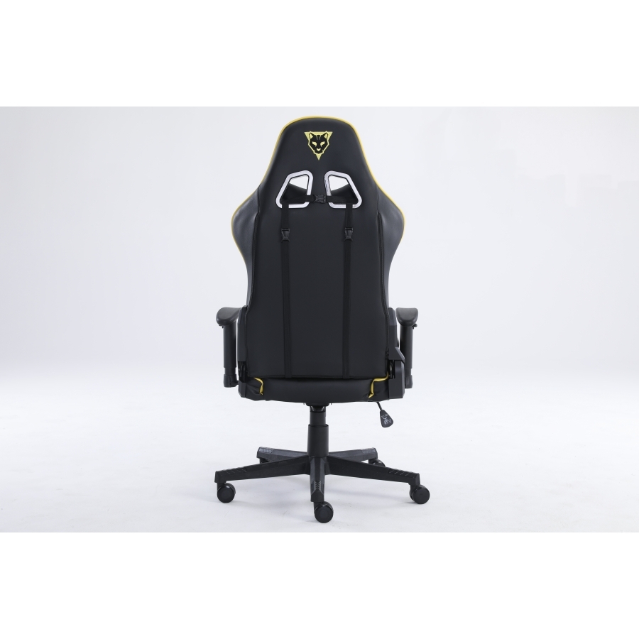 Silla Ocelot Gaming Ogs-02 / Vinipiel / Base Nylon Ajustable / Descansabrazos 2D / Piston Clase 4 / Reclinable 90-155 Grados / Hasta 150Kg / Cojines Lumbar Y Cervical / Color Negro Con Amarillo