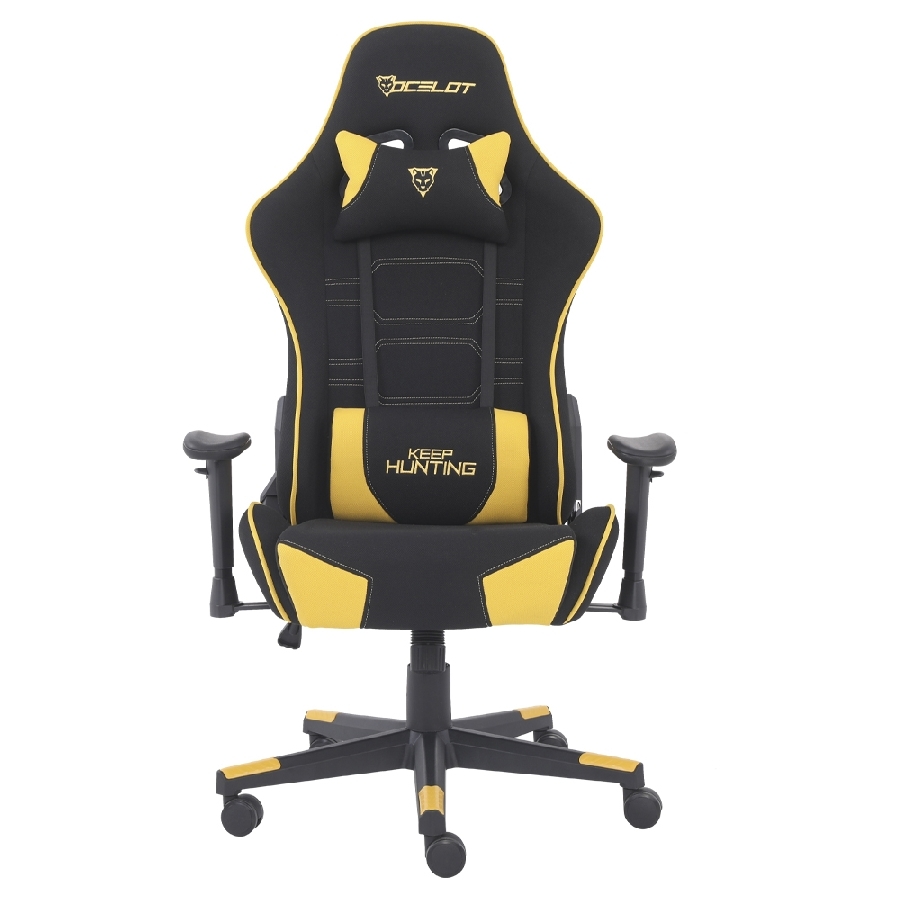 Silla Ocelot Gaming Ost-Wild Yellow / Tela Automotriz / Base Nylon Ajustable / Descansabrazos 1D / Piston Clase 4 / Reclinable 90-155 Grados / Hasta 150Kg / Cojines Lumbar Y Cervical / Color Negro Con