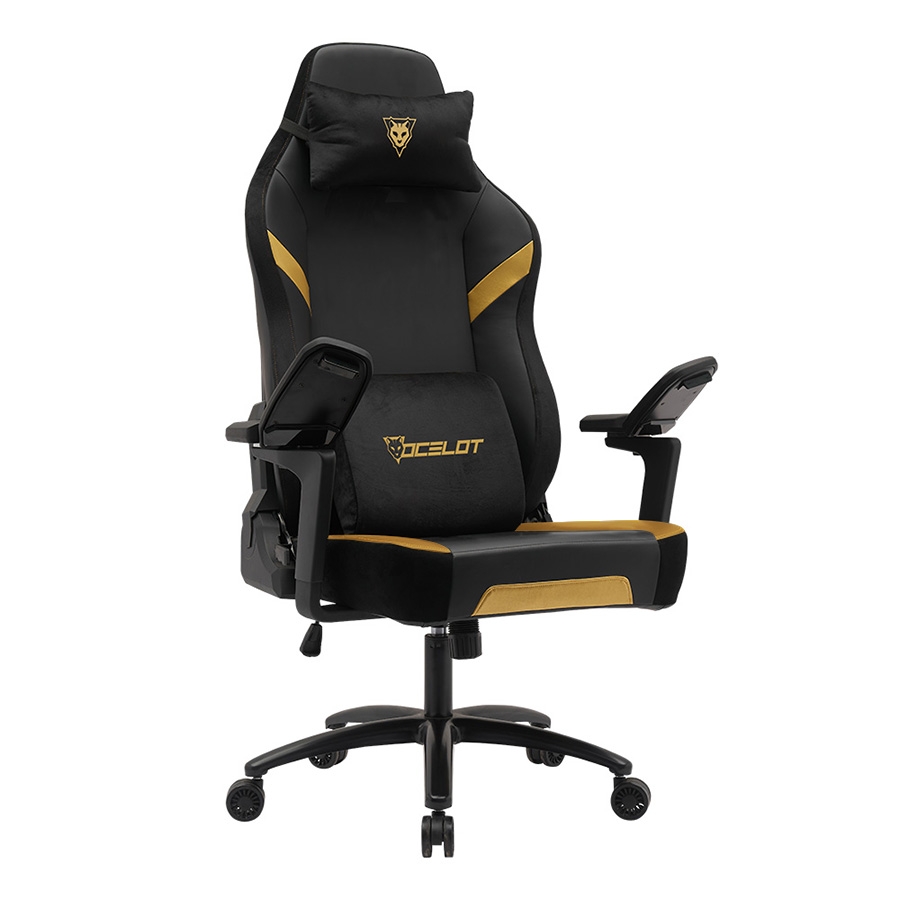 Silla Ocelot Gaming Os-King / Vinipiel Y Terciopelo / Base Metalica Ajustable / Descansabrazos 5D / Piston Clase 4 / Reclinable 90-155 Grados / Hasta 150Kg / Cojines Lumbar Y Cervical / Color Negro Co