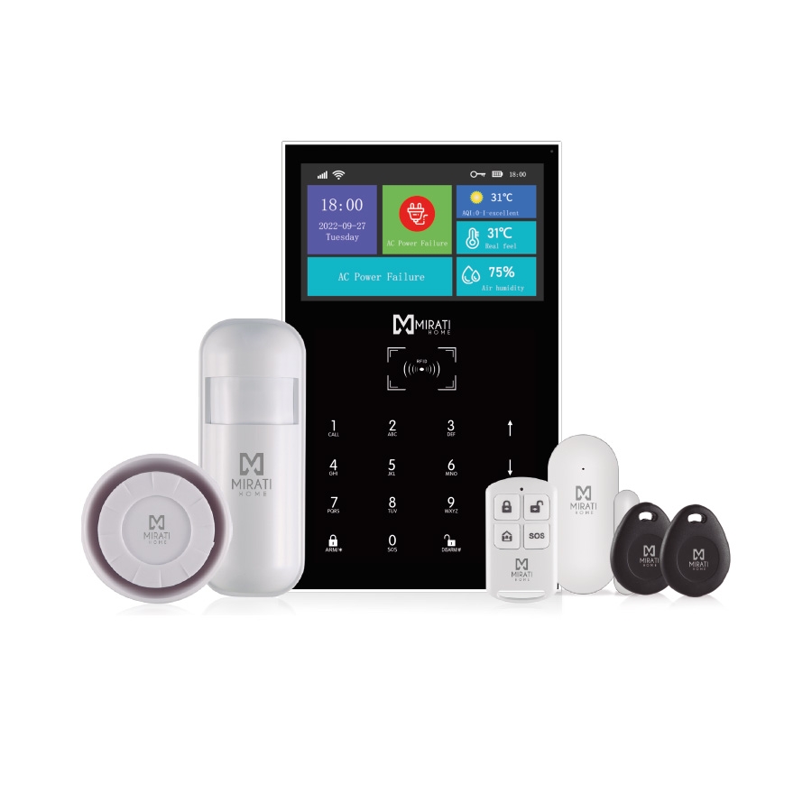 Kit De Alarma Integral Smarthome Mirati Wifi 4G Panel Tactil Pantalla A Color Tamper Switch Incluye Sirena, Sensor De Movimiento, Sensor De Puerta-Ventana, 1 Control, 2 Tag Rfid