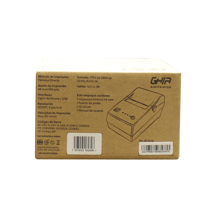Miniprinter Termica Ghia Gtp58B1 / 58 Mm / Usb, Rj11 / 80Mms / Negra