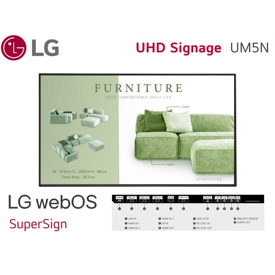 Monitor De Señalizacion Digital Lg De 49 Plg Uso 24/7 Brillo 500 Nits, Bisel T/B: 12.1 Mm R/L: 11.1Mm; Webos 6,   Interfaz Hdmi 3 / Hdmi Out (1)  / Dp  / Usb 2.0 / Rs232C / Rj45 / Audio / Ir