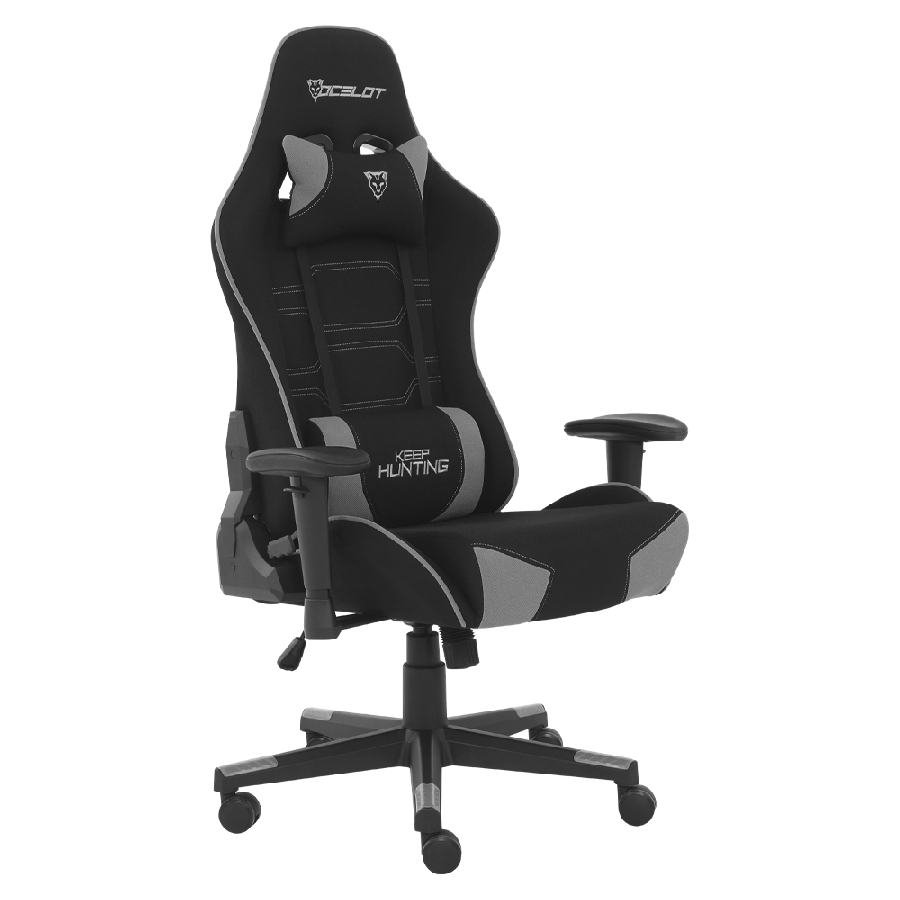 Silla Ocelot Gaming Ost-Black Mist / Tela Automotriz / Base Nylon Ajustable / Descansabrazos 1D / Piston Clase 4 / Reclinable 90-155 Grados / Hasta 150Kg / Cojines Lumbar Y Cervical / Color Negro Con