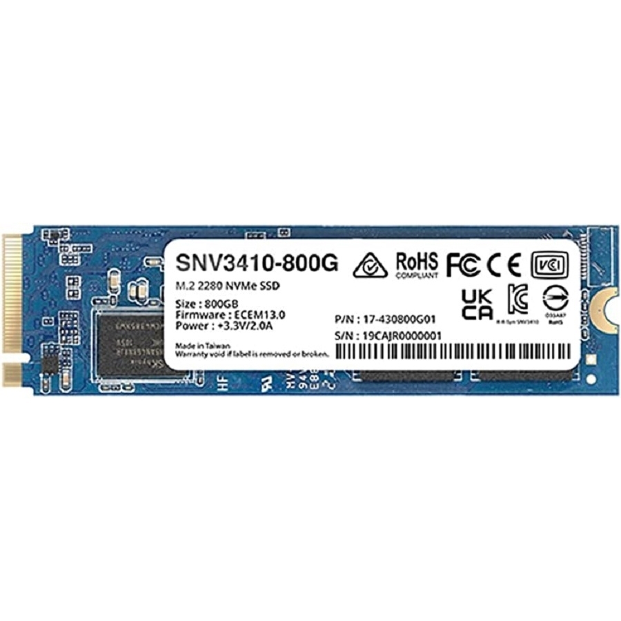Unidad De Estado Solido Synology Ssd M.2 2280 Nvme Snv3410-800 Gb Pcie Gen3 X4 Lect 3100Mb/S Escrit 1000Mb/S, Solo Para Equipos Synology, Para Aumento De Cache
