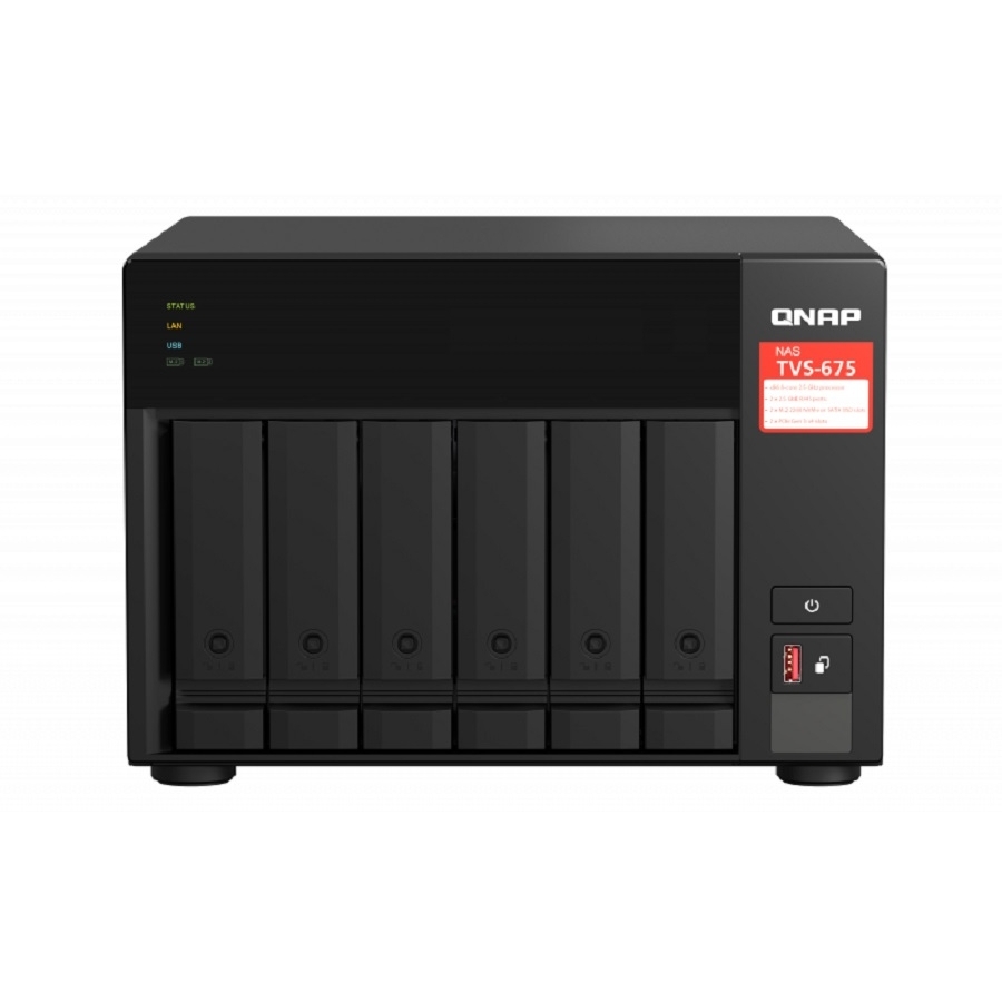 Nas Qnap Tvs-675-8G-Us/6 Bahias Zhaoxin Kx-U6580 Ocho Nucleos, 8 Gb Ram Ddr4, Hasta 64 Gb/ 2 Pto 2,5Gbe/Usb 3.2X2/ Hotswap/Sata/Hasta 132 Tb/ No Incluye Discos/ Hdmi 2.0/M.2 2280