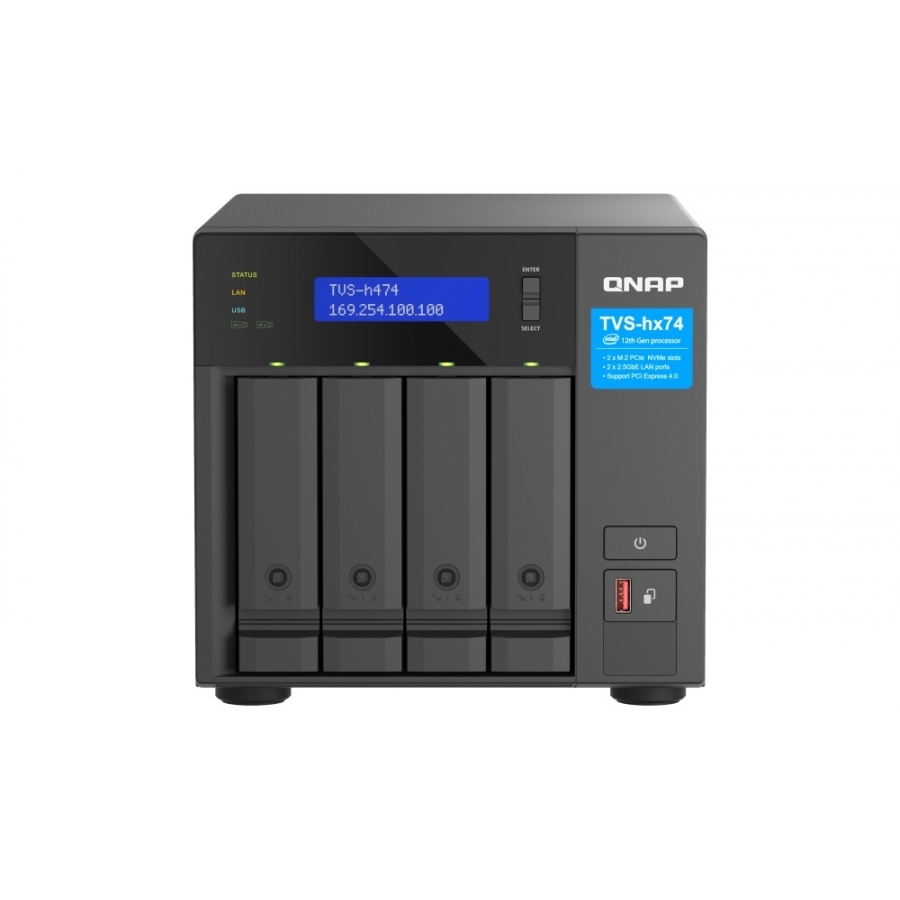 Nas Qnap H474-Pt-8G / 4 Bahias / Torre / Intel Pentium 2Nucleos 3.7Ghz / 8Gb Ram Ddr4 / M.2 22802 / Lan 2,5Gbe2 / Wake On Lan / Pcie 2 / Usb 3.23 / Hdmi1 / Hot Swap / No Incluye Discos