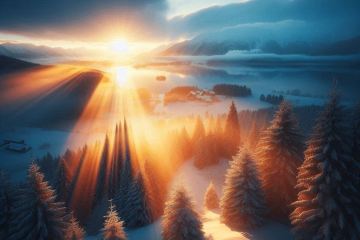 winter scene with sunshine breaking through the clouds