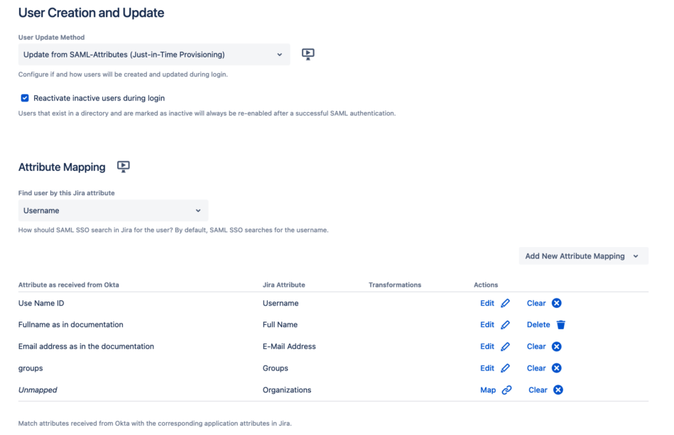 Configuring The User Update Method SAML Single Sign On