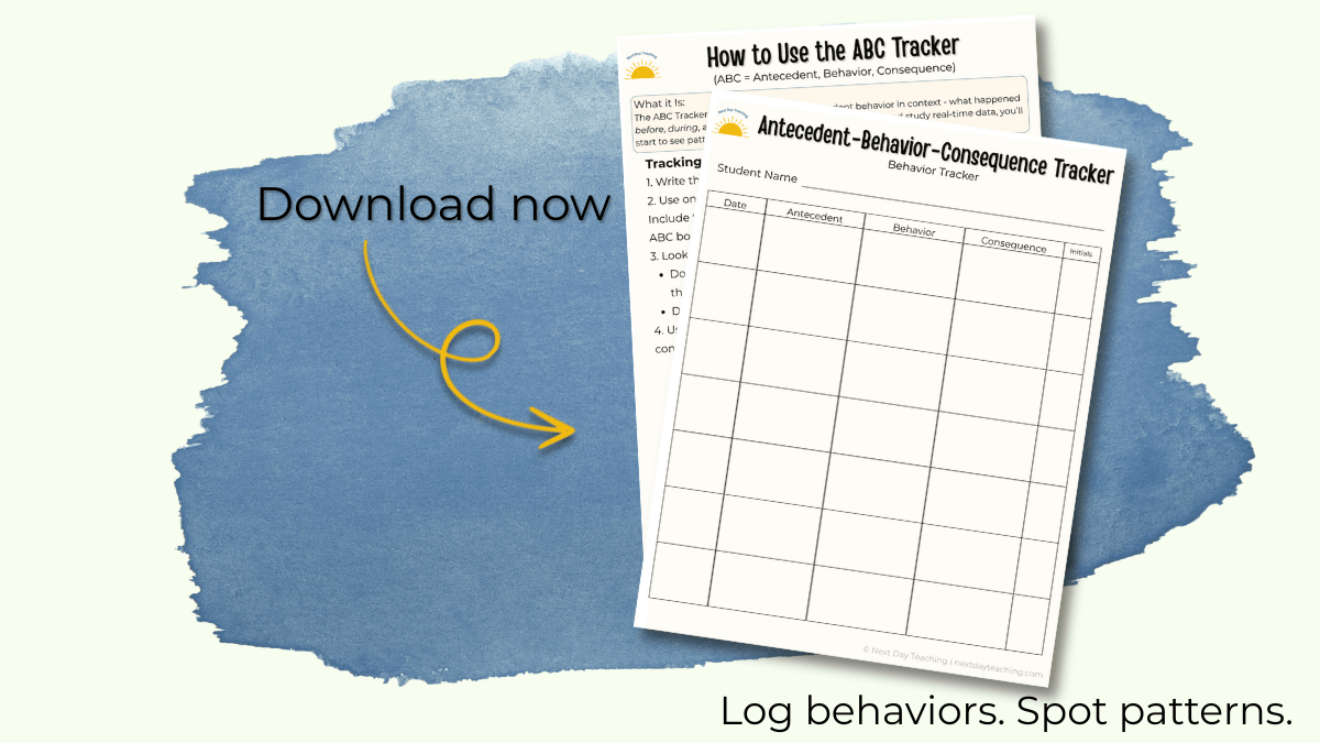 Two pages of the ABC chart layered on top of each other. One is a grid with columns for date, antecedent, behavior, consequence, and initials. The other is a guide for using the ABC tracker. Clicking the image opens a download option on a new page.