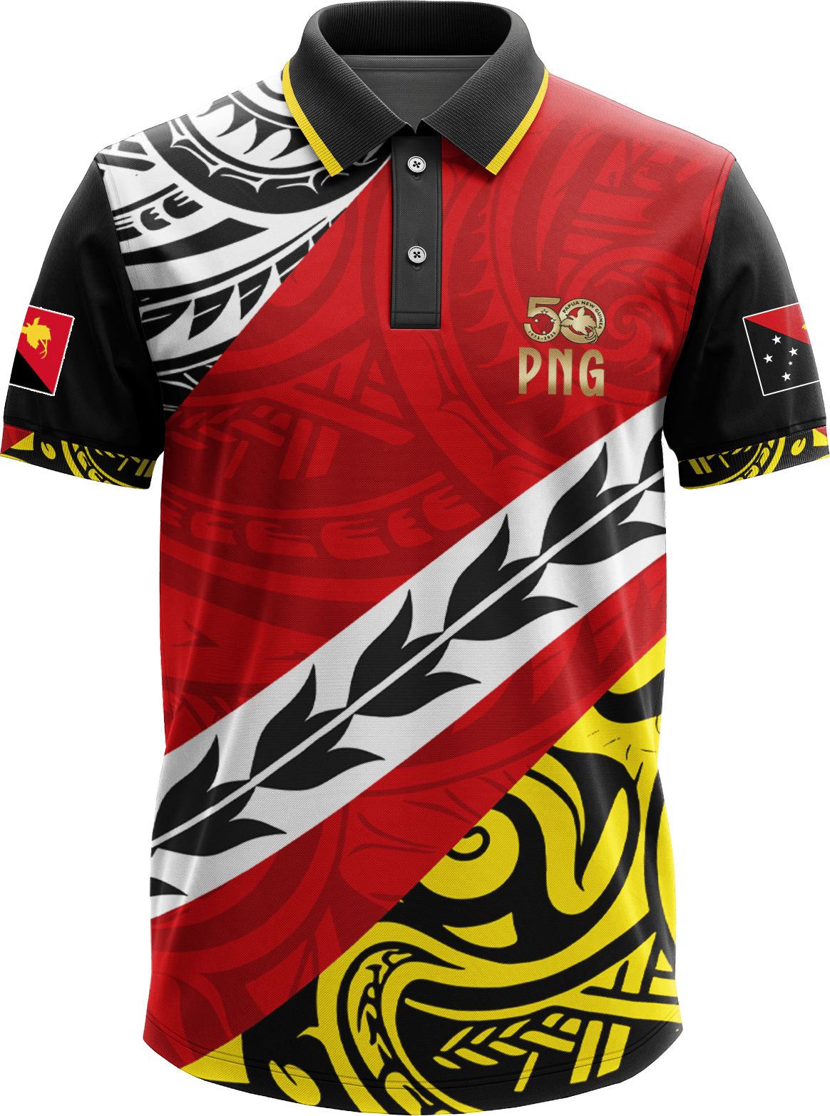PNG 50th Independence Sublimated Polo – Red, Black & Gold