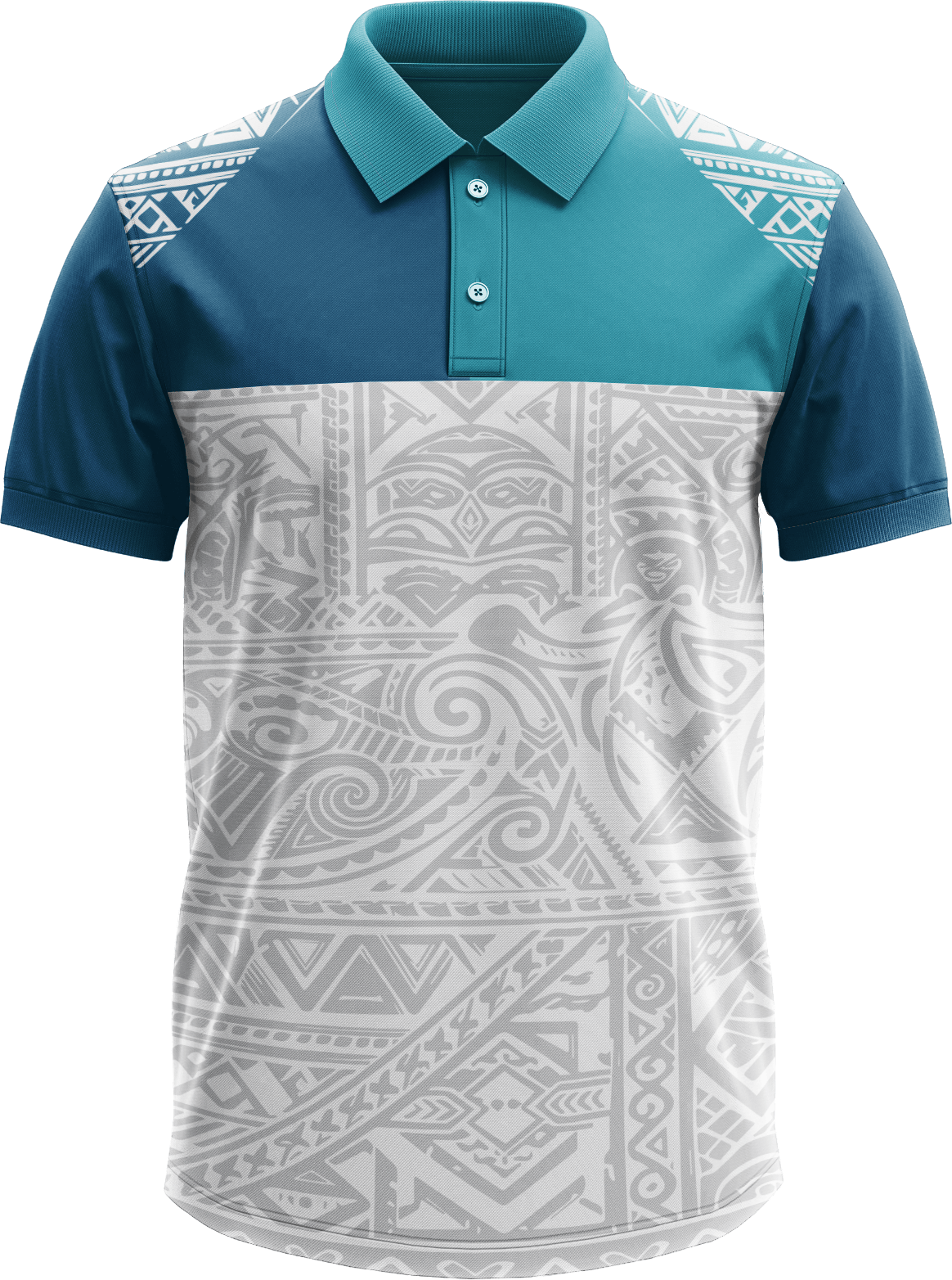 Pacific Tribal Sublimated Polo – Teal & White