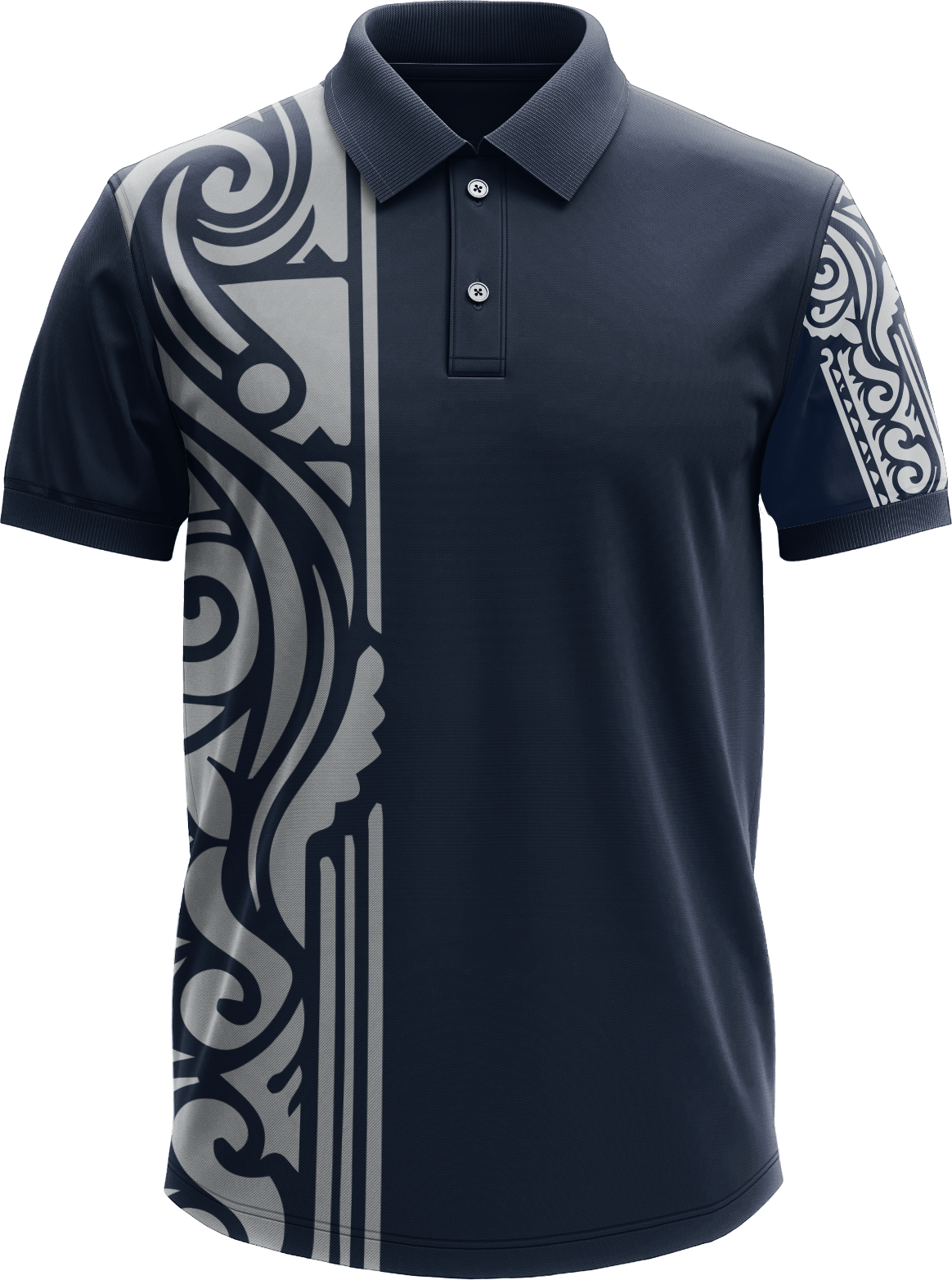 Tribal Sweep Sublimated Polo – Navy & Grey