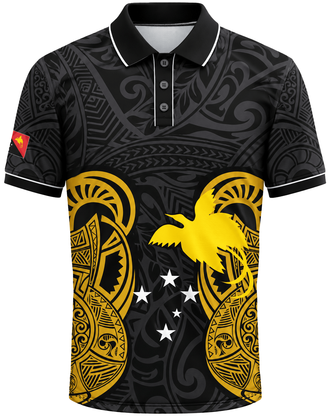 PNG Bird of Paradise Sublimated Polo – Black & Gold