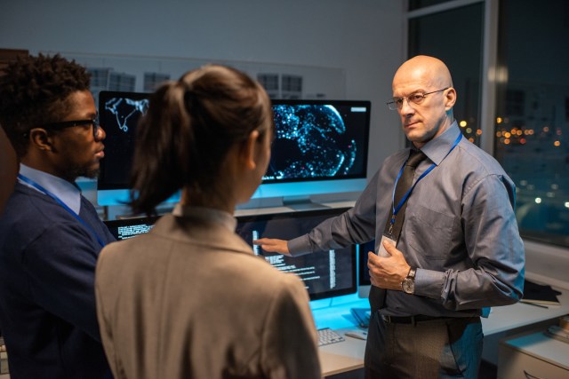 Bald mature director of software company giving instructions to his subordinates - Next Level Secure