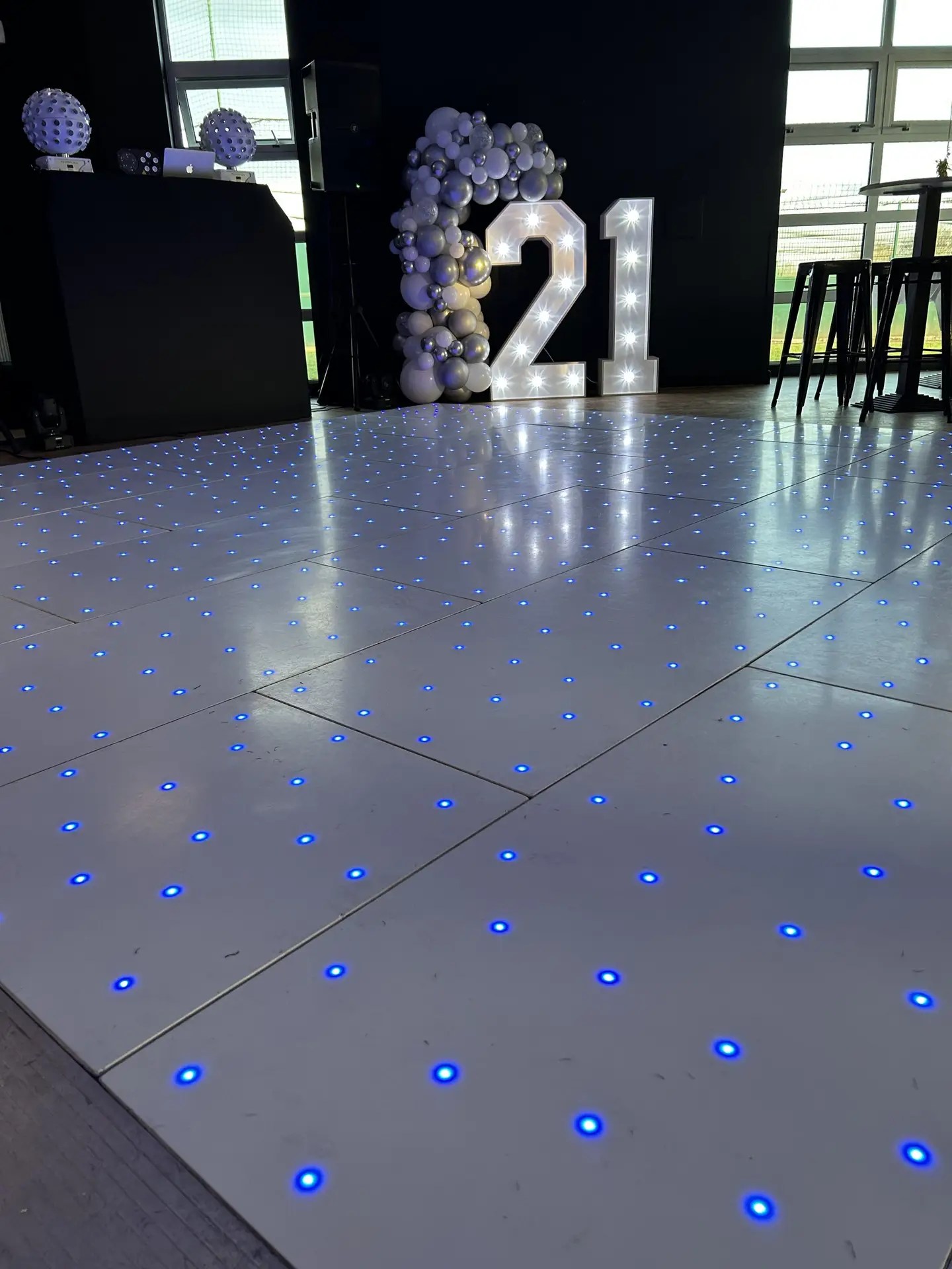 Image showcasing Nextwave Events & Hire's event equipment and services, including LED dancefloor hire, light-up numbers, light-up letters, staging, and special effects for weddings, birthdays, and events.