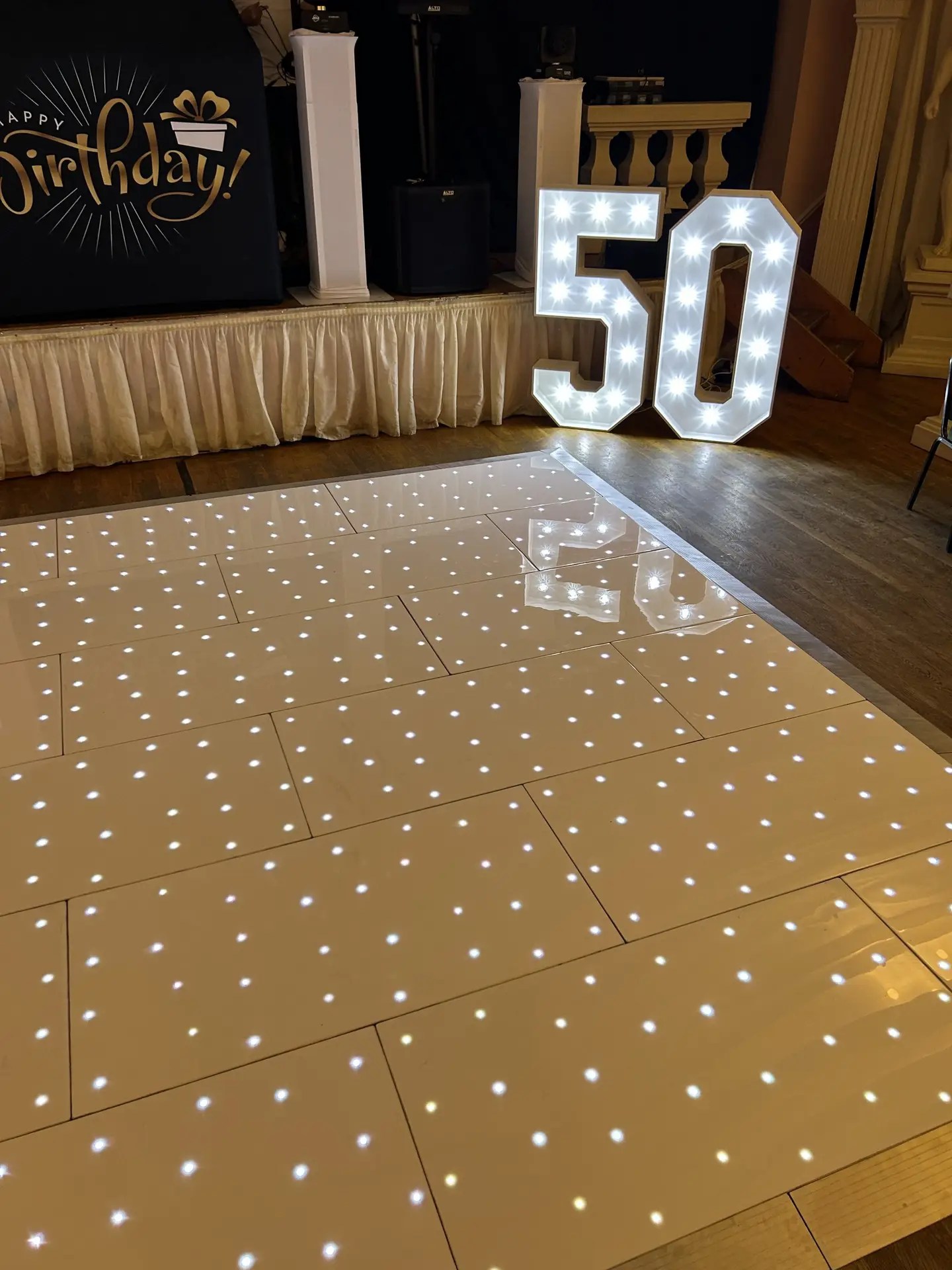 Image showcasing Nextwave Events & Hire's event equipment and services, including LED dancefloor hire, light-up numbers, light-up letters, staging, and special effects for weddings, birthdays, and events.