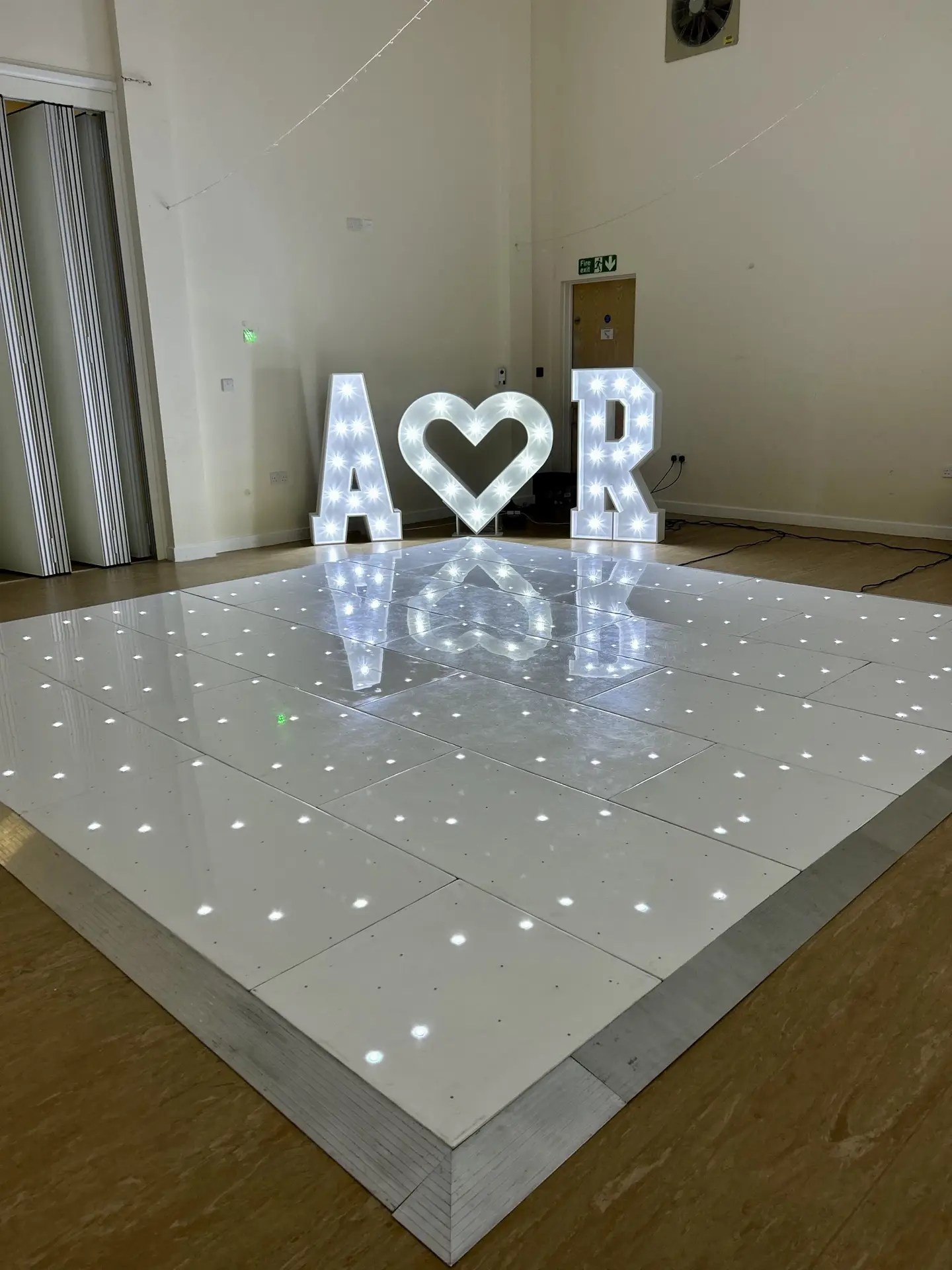Image showcasing Nextwave Events & Hire's event equipment and services, including LED dancefloor hire, light-up numbers, light-up letters, staging, and special effects for weddings, birthdays, and events.