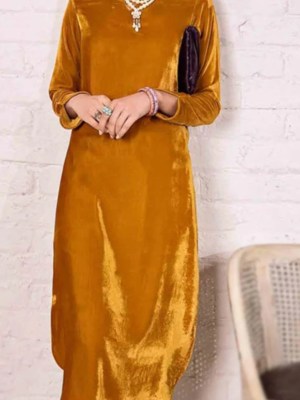 Premium Golden Plain Velvet Long Straight Kurta Pant Set