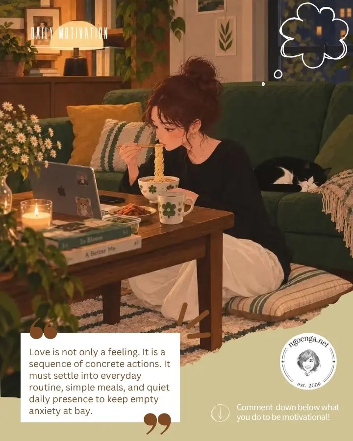 Love is not only a feeling. It is a sequence of concrete actions. It must settle into everyday routine, simple meals, and quiet daily presence to keep empty anxiety at bay.
