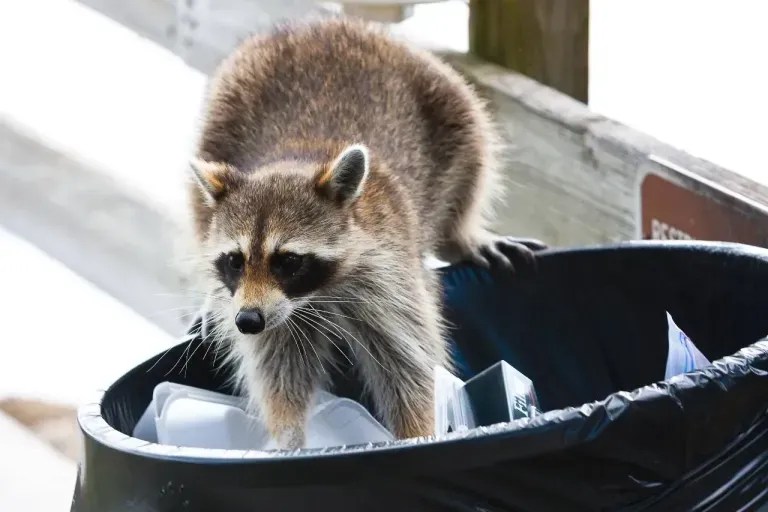 Raccoon climbing out of an open black trash can filled with white containers, a pest homeowners need to get rid of raccoons from