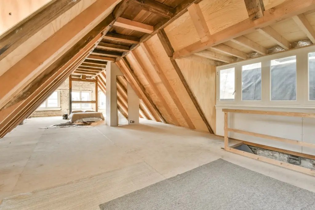 Empty attic with exposed wood rafters and open floor space, a common area to inspect during attic animal removal