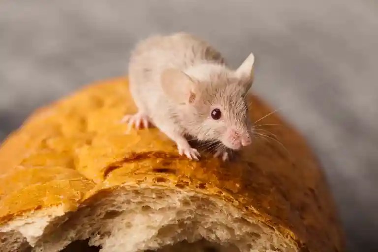 Small beige mouse perched on a crusty loaf of bread, a pest homeowners want to get rid of mice fast