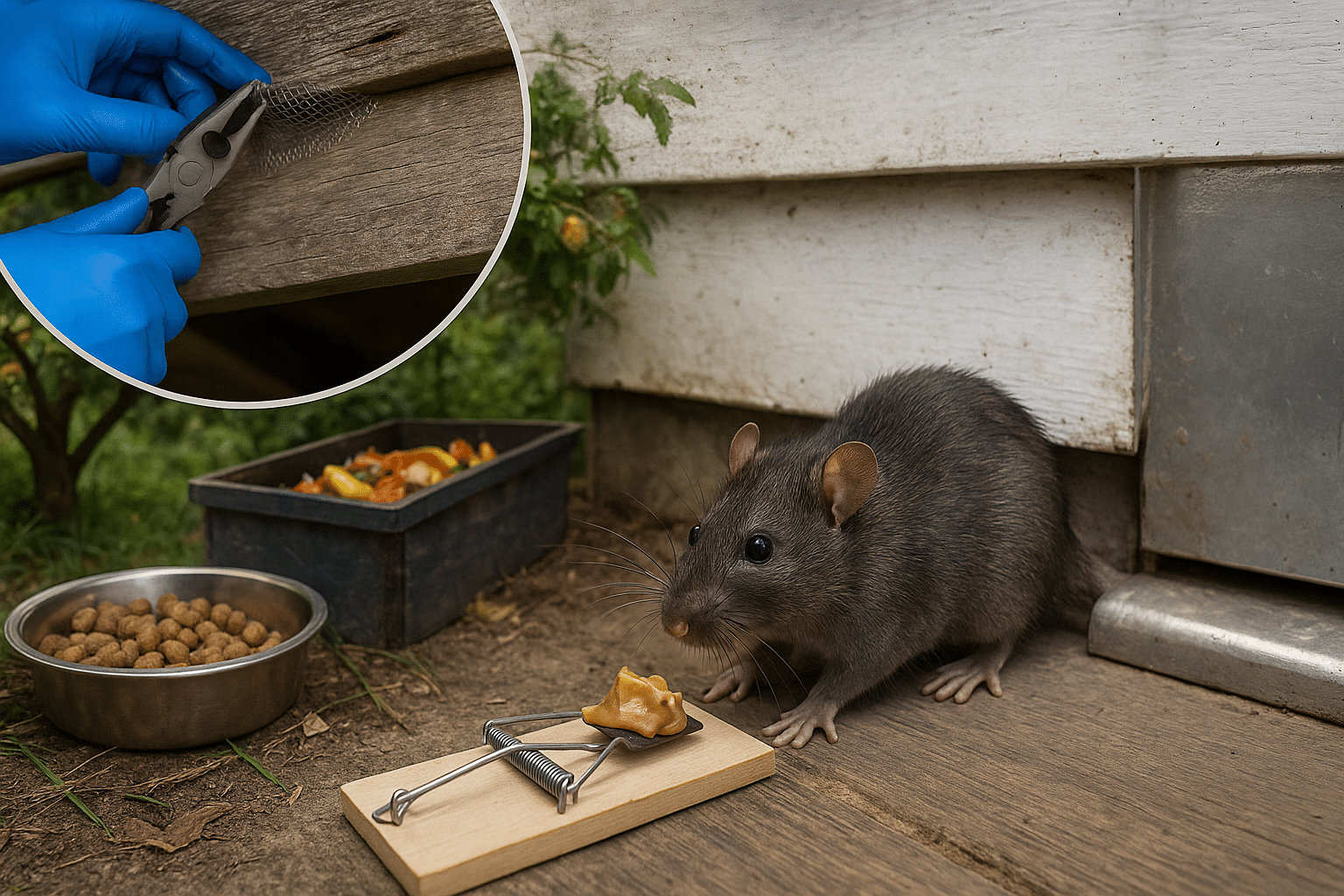 A large rat approaches a mousetrap baited with peanut butter near bowls of food and a concrete foundation, with an inset showing a gloved hand holding pest control tools.