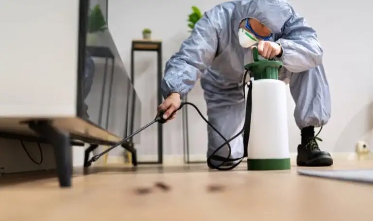 Integrated pest management shown by a technician in protective gear and a mask spraying a floor with a green and white handheld sprayer